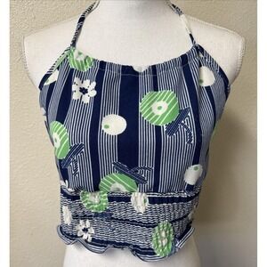 Vtg Halter Crop Top 70s Floral Abstract Blue Festival Cosplay Hippie Oatmeal SM